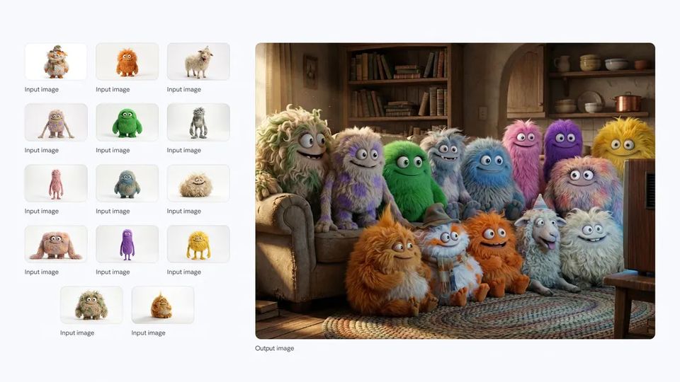 Nano Banana Pro seating fourteen characters on one sofa