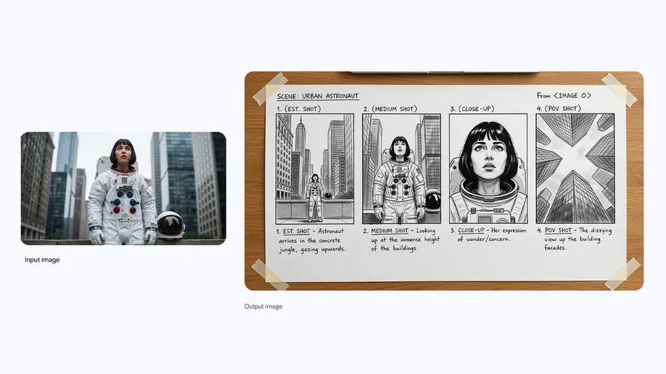 Nano Banana Pro storyboard from an urban astronaut still